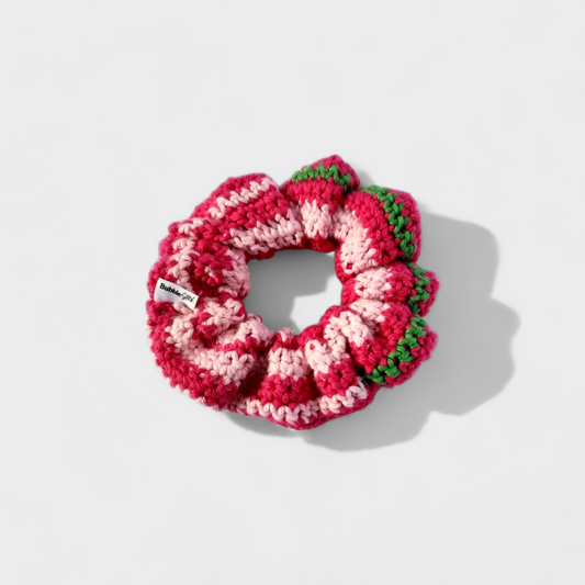 Scrunchie de croche numa mistura de verde rosa pink